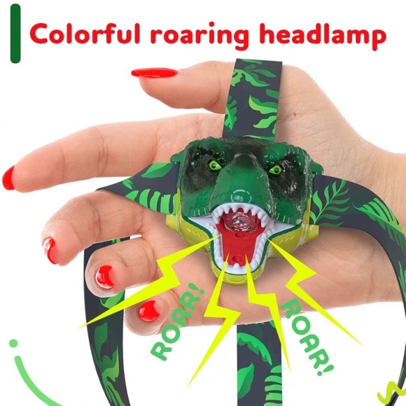 LED Headlamp Squeeze Mouth Light Switch Roaring T-Rex Sound Hook & Loop Strap - Picture 2 of 9